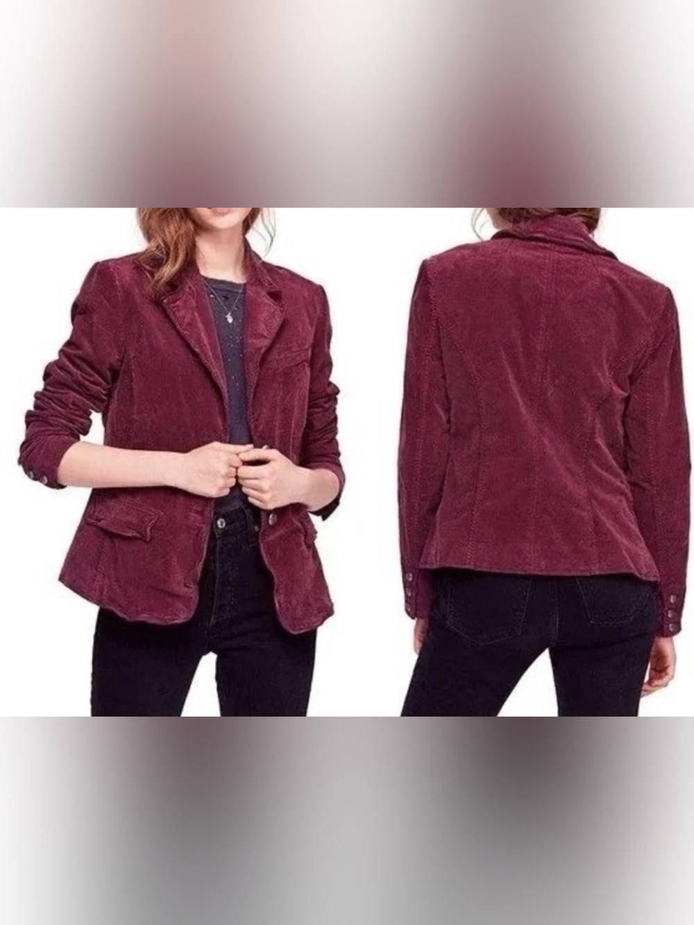 Free People Women's Burgundy Corduroy Blazer Jacket (B1)